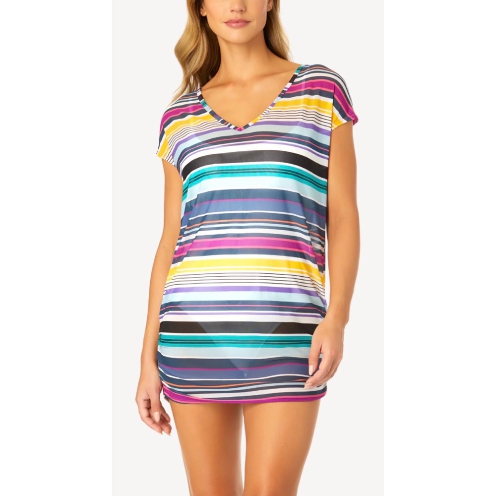 Anne Cole Multi Color Striped Mesh V-Neck Swim Cover Up Dress Size M NEW